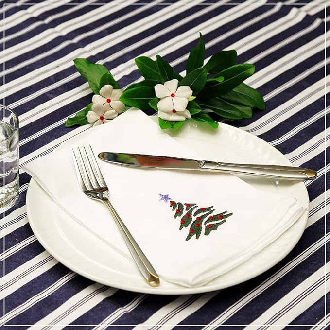 Christmas Cloth Napkins White Dining Table Dinner Napkins|Washable Cotton Napkins Easter Basket Decor|Christmas Tree Embroidered 18x18 in White Pk of 6 Cocktail Party Napkins