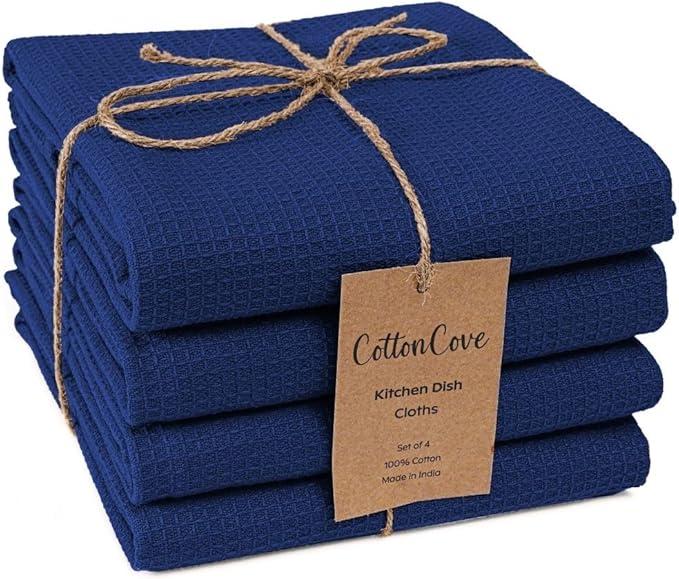 Waffle Kitchen Towels Large 16x26 inch 100% Cotton Set of 4 - Soft Absorbent Washable Tea Towel for Kitchen - Dish Cloths Quick Drying - 320 GSM Quality Dish Towel Blue
