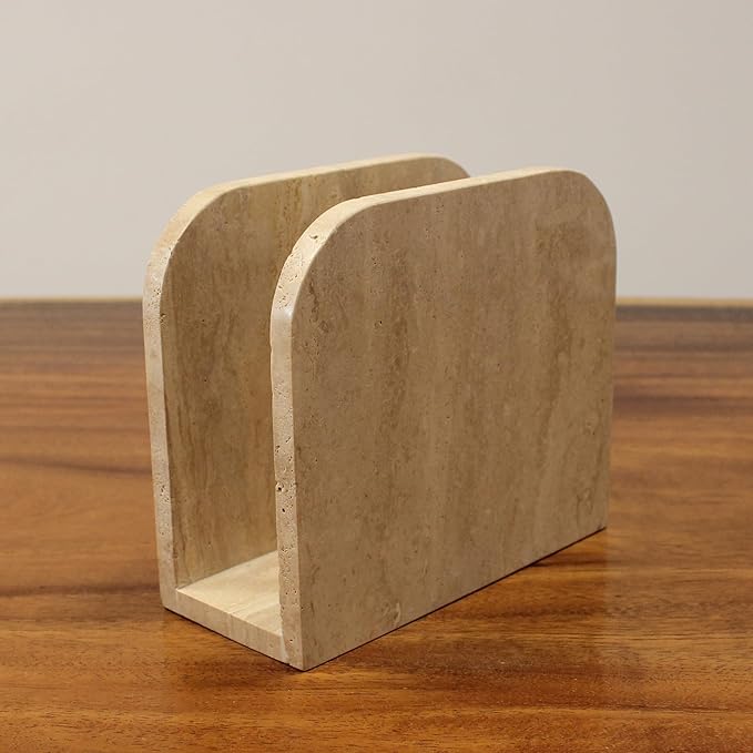 Natural Travertine Napkin Holder for Table, Standing Napkin Dispenser for Kitchen Dining Farmhouse Cocktail Picnic Bar 6.3x5.5x2.8 inches
