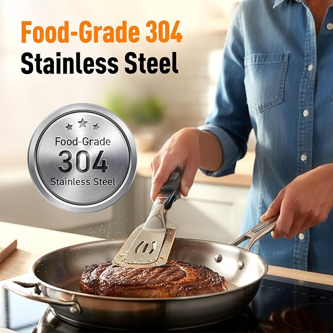 2026 New Stainless Steel Grill Clamp, Upgrade 13.3 Inch Anti-Scald Extended Handle Spatula Tong, Multi-Functional Stainless Steel Barbecue Clamp Food for Flipping Steak Fish Bread BBQ Frying (1pc)