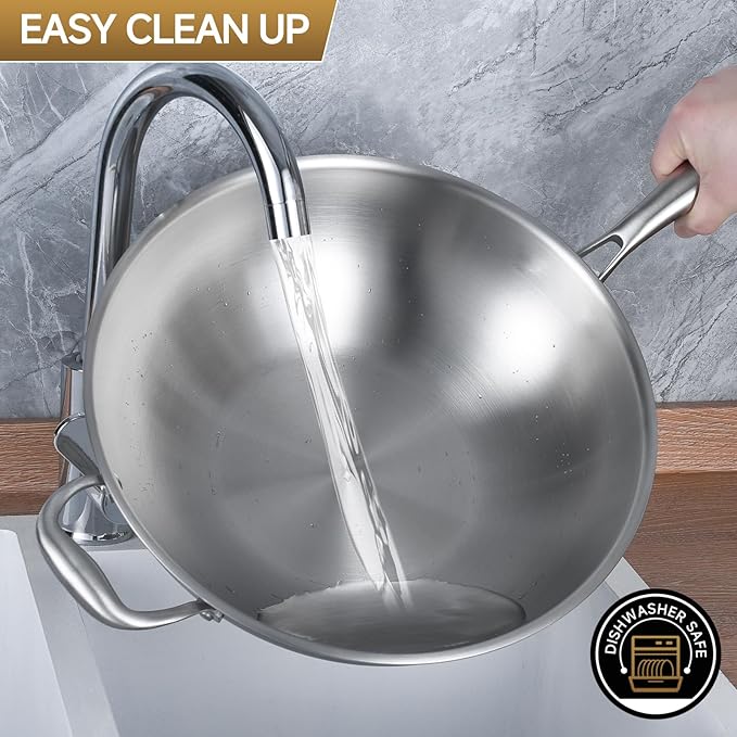 LOLYKITCH 12 Inch Tri-Ply Stainless Steel Wok Pan with Lid, Stir-Frying Pan,Induction Cooking Pan,Dishwasher and Oven Safe,Heavy Duty and Detachable Handle.