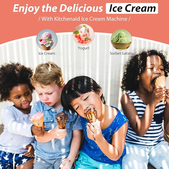Ice Cream Maker Attachment for KitchenAid Stand Mixer, Ice Cream Bowl Compatible with 4.5Qt and Larger Stand Mixers, Frozen Yogurt Ice Cream & Sorbet Gelato Maker Attachment, 2 Quart, White