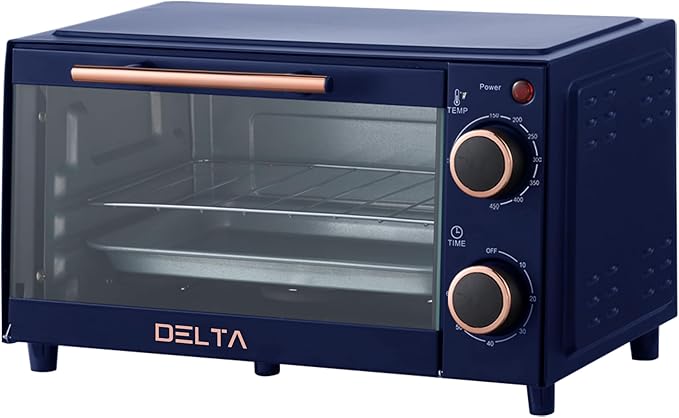 Prime Cuisine 9L Toaster Oven, Small Countertop Electric Oven 750W, 60-Min Timer Auto Shut-Off, Tempered Glass Door, 2-Knob Manual Control, Compact Toaster Ovens Countertop with Baking Tray & Rack