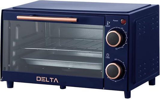 Prime Cuisine 9L Toaster Oven, Small Countertop Electric Oven 750W, 60-Min Timer Auto Shut-Off, Tempered Glass Door, 2-Knob Manual Control, Compact Toaster Ovens Countertop with Baking Tray & Rack