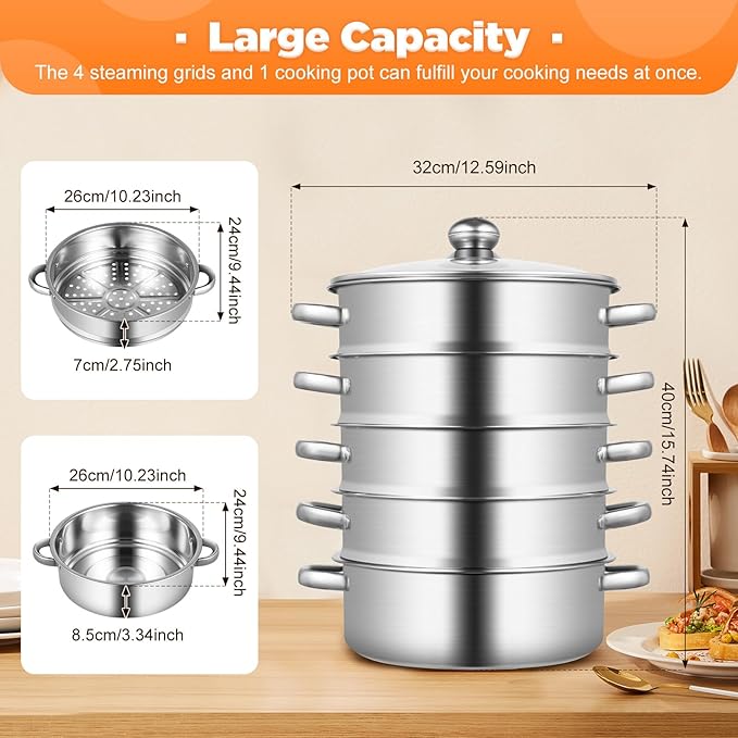 5-Tier Stainless Steel Steamer Meat Vegetable Cooking Steam Pot Kitchen Tool with Stackable Pan and Lid for Steaming Pasta Dumplings and Vegetables