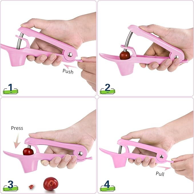 Cherry Pitter - Ordekcity Stainless Steel Cherries Corer Pitter Tool with Hand-held Push Design, Save Time & Space for Making Cherry Jam with Lock Design(Pink)
