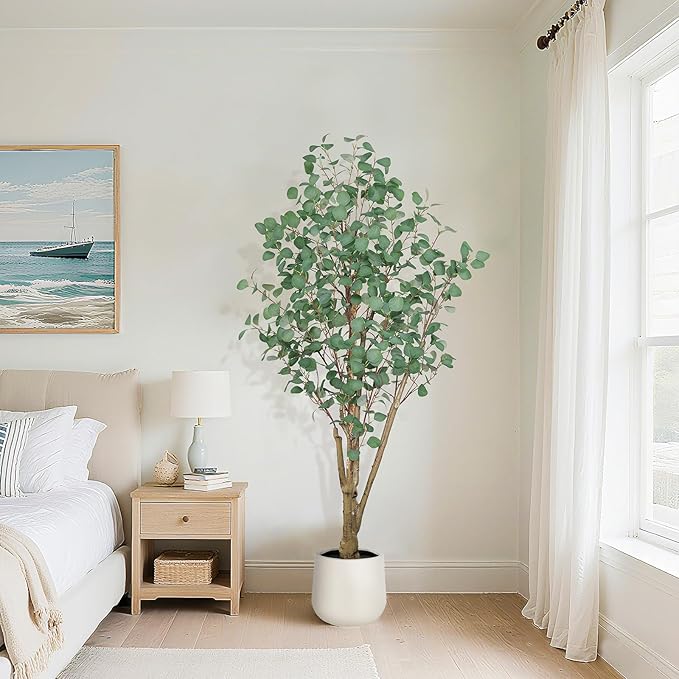 Artificial Eucalyptus Trees with White Planter, 6 FT Faux Eucalyptus Plants Indoor Tall Fake Floor Trees with Silk Leaves and Thick Trunk for Living Room Bedroom Corner Home Office Decoration