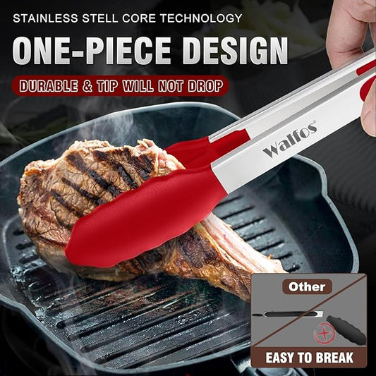 Walfos Silicone Tongs for Cooking - Heat Resistant kitchen tongs for Salad,Cooking, Grilling,Stainless Steel and BPA Free Silicone Tips set of 3 (7" 9" and 12 inch)