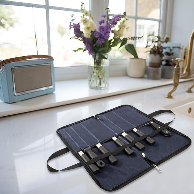 Knife Roll,Knife Bag with 7 Slots,Heavy Duty Waxed Canvas knife Case,Portable Chef Knife Roll Bag For Kitchen Cooking.Cutlery Knives Holders Protectors,Chef Knife Carrying Case For Travel & Camping