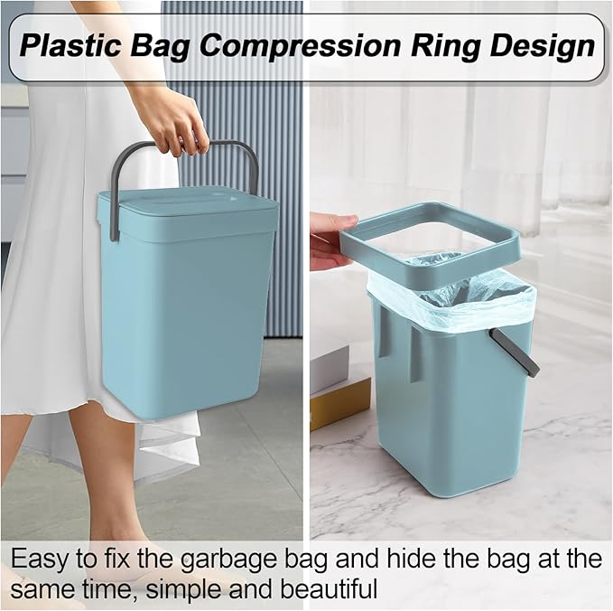 Compost Bin Kitchen, for use on Countertops or Under Sinks, Hanging Trash Can with Lid, for Cupboard/Bathroom/Bedroom/Office/Camping, Mountable Indoor Compost Bucket(Blue 0.8 Gallon/3L)