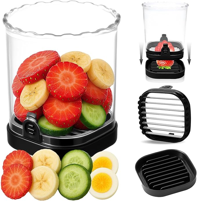 Hendiy Strawberry Slicer with Stainless Blades | Egg & Fruit Slicer Cup for Banana, Cucumber, Mushroom | ABS Detachable Kitchen Gadget - Precision Berry Cutter Tool (Black, 1-Pack)