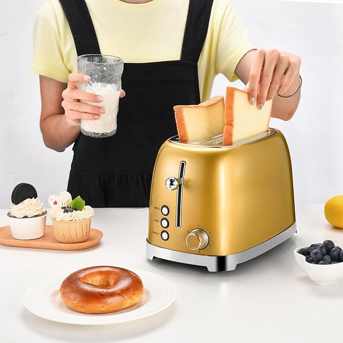 Mouqat Gold 2 Slice Toaster, Wide Slot Stainless Steel, 6 Shade Settings, Bagel, Defrost & Cancel Functions, Removable Crumb Tray, Different Toast Sizes, Cord Wrap, 825w