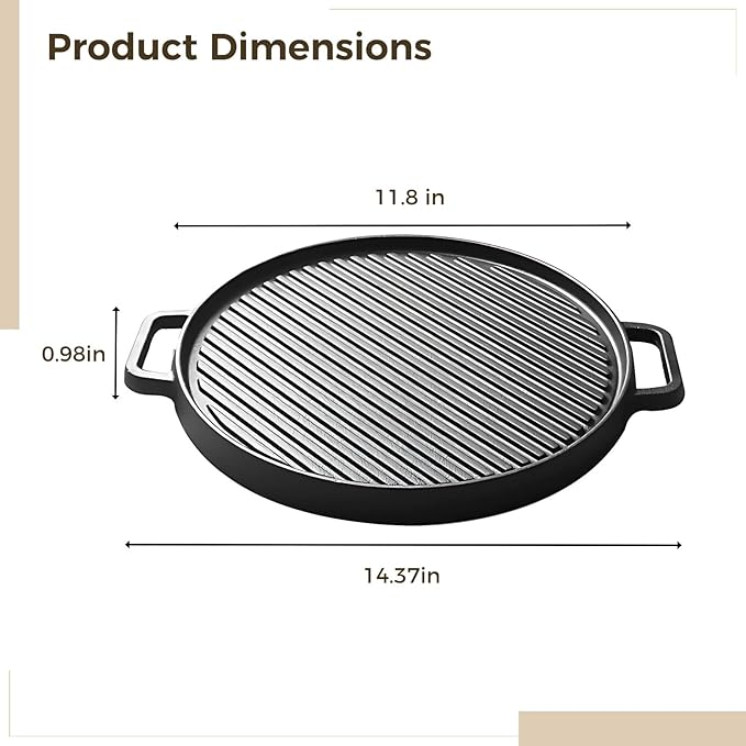 1 Pcs Cast Iron Griddle, 11.8 in Reversible Grill Griddle for Gas Grill & Stove Tops, Multifunctional Double-Sided Grill Pan with Ribbed Surface for Indoor Outdoor Use