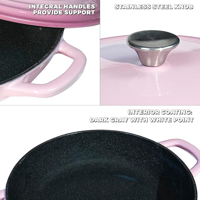 Flavehc Braiser Enameled Cast Iron Braiser 2.25 qt Braiser Pan with Lid Pink Shallow Cast Iron Casserole Braiser Pan with Handels