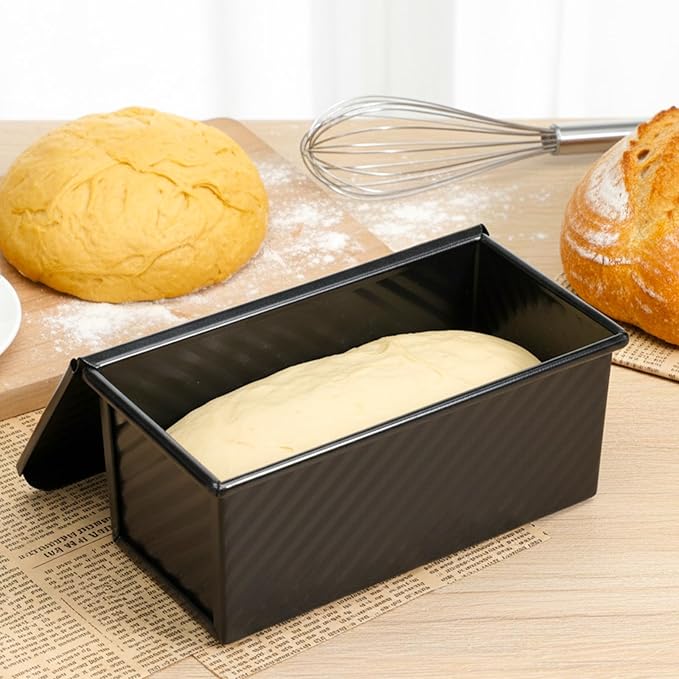 Lyksgir 2 Pack Black Pullman Loaf Pan with Lid, Non-Stick Bread Loaf Pan, 2.2lb & 1lb Carbon Steel Corrugated Toast Tin, Carbon Steel Toast Box with Cover for Homemade Bread Sandwich and Sourdough