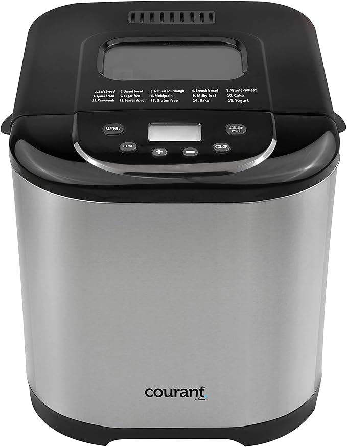 Courant Bread Maker Machine 3 Loaf sizes, Gluten-free, sugar-free, Natural Sourdough, Total 15 Pre-Programmable Cycles, Delay Timer, Easy to Use, Warm Feature - Stainless Steel Automatic