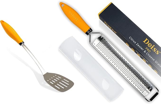 Deiss PRO Lemon Zester Heavy Duty Cheese Grater, Vegetable Grater and Deiss PRO Kitchen Grill Spatula Stainless Steel Heavy Duty Slotted Turner