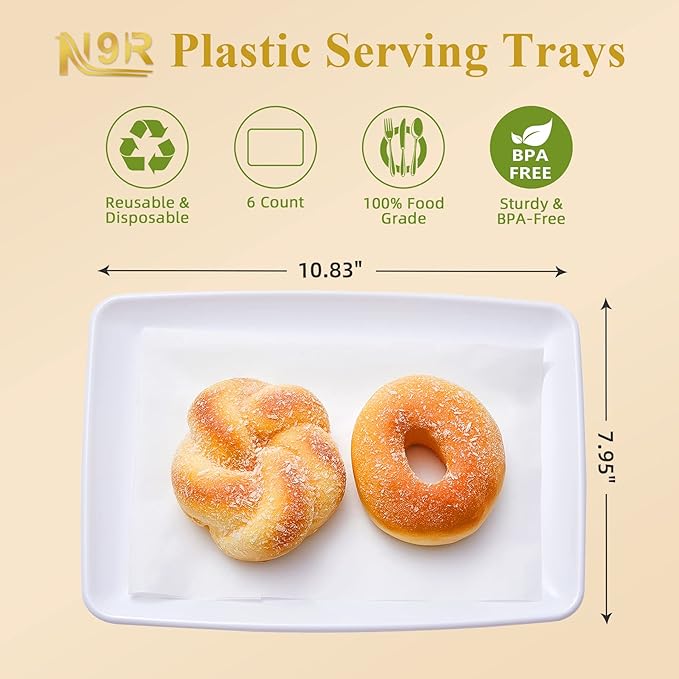 N9R 10Pcs White Plastic Serving Trays,11" x 8" Rectangle Heavy Duty Serving Platters with 10Pcs Butcher Paper,Perfect for Party,Wedding,Birthday