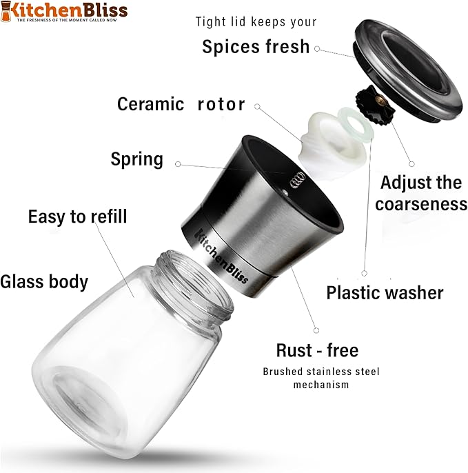 Professional Salt and Pepper Grinder – Premium Stainless Steel Salt and Pepper Shaker with Ceramic Spice Grinder Mill for Adjustable Coarseness