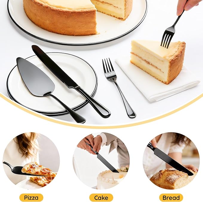 SUREAM Matte Black Cake Knife, 11 Inch 4PCS Cake Cutter Slicer, Pie Cutter and Server for Birthday Anniversary Christmas Engagements
