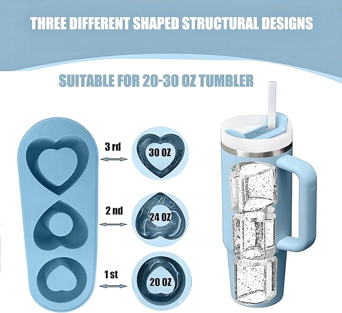 Ice Cube Trays for Stanley Cup 20 30 40 OZ Tumbler Ice Mold Heart Shape Silicone Ice Cube Tray with Lid, Stanley Ice Mold and Maker Ice Cube for Cocktails, Whisky, Juice (20-30 OZ, Blue)