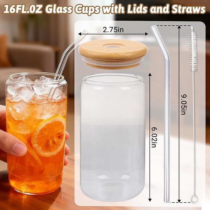 Alotpower Borosilicate Glass Cups with Lids and Straws, 16 oz Reusable Tumbler Set (6-Pack) Includes Bamboo Lids, Glass Straws & Brush for Iced Coffee, Bubble Tea, Cold Beer, Juice