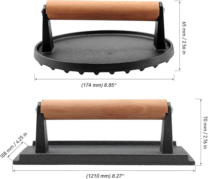 MOUYAT 2 Pack Cast Iron Grill Press, 6.8 Inch Round and 8 Inch Rectangle Heavy Grill Weight Bacon Griddle Press with Wooden Handle, Flat Cooking Weight Press Steak Weights for Bacon Burgers Meat BBQ