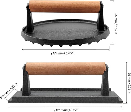 MOUYAT 2 Pack Cast Iron Grill Press, 6.8 Inch Round and 8 Inch Rectangle Heavy Grill Weight Bacon Griddle Press with Wooden Handle, Flat Cooking Weight Press Steak Weights for Bacon Burgers Meat BBQ