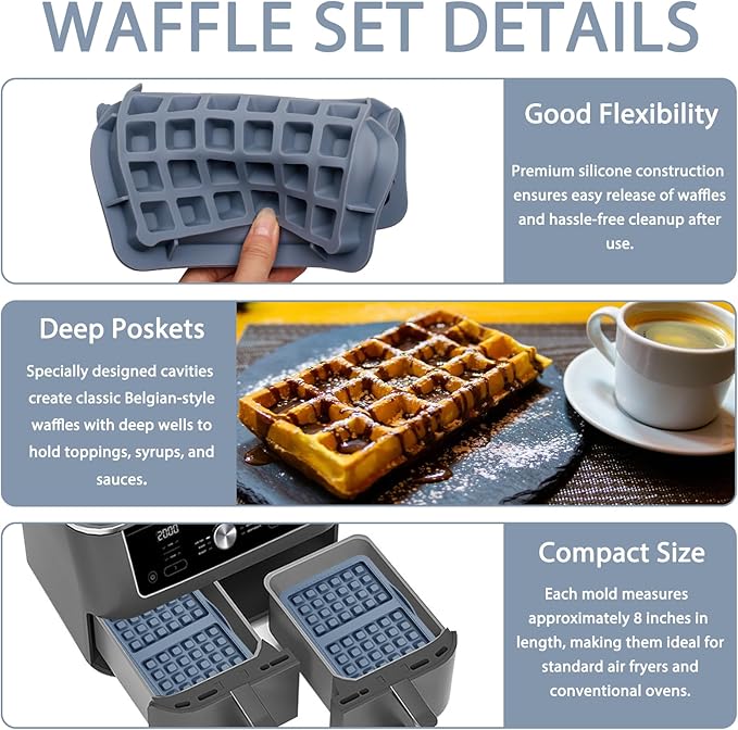 Silicone Belgian Waffle Mold, 2-Cavity Non-Stick Air Fryer Muffin Pan for Baking, Gray