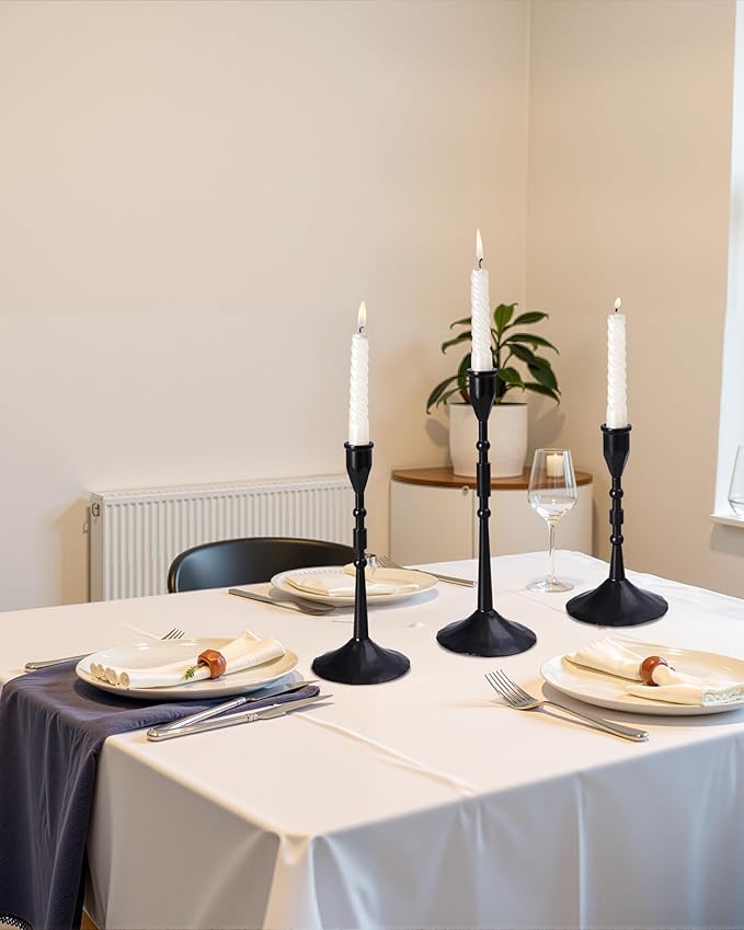 Vintage Taper Candle Holders Set | Handmade 3-Piece Candlestick Decor for Table Centerpiece, Farmhouse Kitchen & Party Lighting (Black)