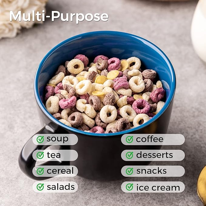 GBhome Jumbo Soup Mugs with Handles, 24 Oz Large Coffee Mugs Set of 4, Ceramic Soup bowls for Coffee,Cereal,Snacks,Salad,Noodles etc Soup Cups,Microwave&Dishwasher safe-Blue Inside