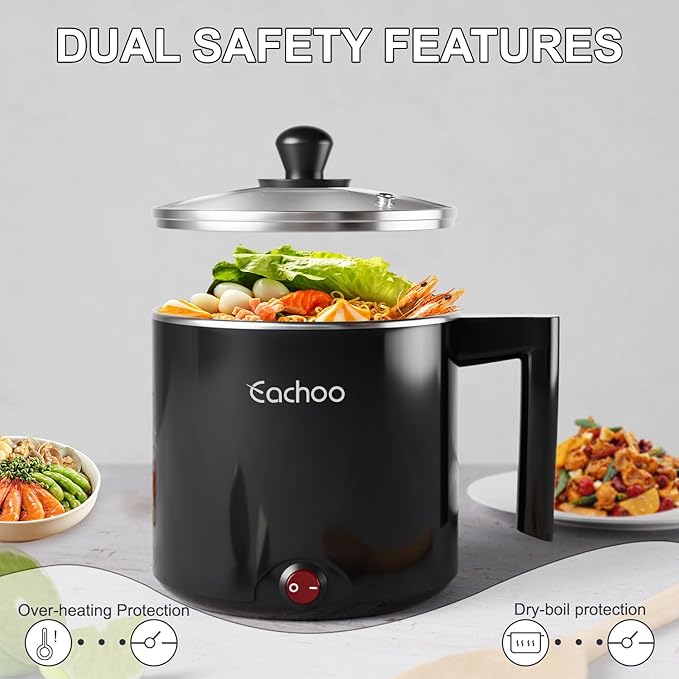 Electric Hot Pot - 1L Ramen Cooker, Mini Portable Multi-Functional Lazy Pot for Noodles, Soup, Non-Stick Cooker with Boil Dry Protection for Dorm, Office
