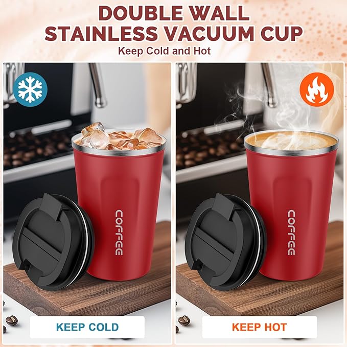 MOMSIV 12oz Travel Mug, Insulated Coffee Cup with Leakproof Lid, Vacuum Stainless Steel Double Walled Reusable Tumbler for Hot and Cold Water Coffee and Tea In Travel and Car(Red-380ml)