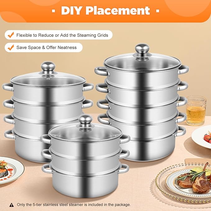 5-Tier Stainless Steel Steamer Meat Vegetable Cooking Steam Pot Kitchen Tool with Stackable Pan and Lid for Steaming Pasta Dumplings and Vegetables