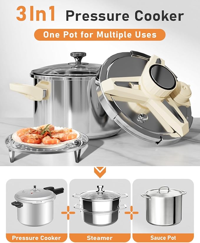 Abijan Stainless Steel Pressure Cooker 9.5 QT, 10PCS Cooking Pressure Cooker with Glass Lid & Steamer Rac, 3 PSl Settings, One-Hand Locking, Compatible with Gas & Induction Cooker, Olla de presion Set