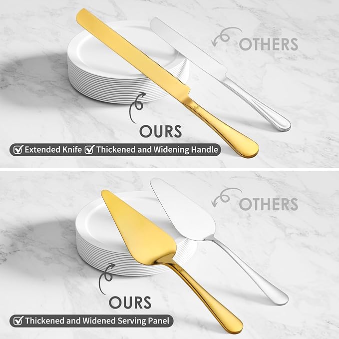 SANEXC Cake Cutting Set for Wedding - Extended Cake Knife And Server Set Thickened Stainless Steel Cake Cutter and Pie Spatula Great for Birthday Anniversary Christmas Gift Gold 2 Pcs