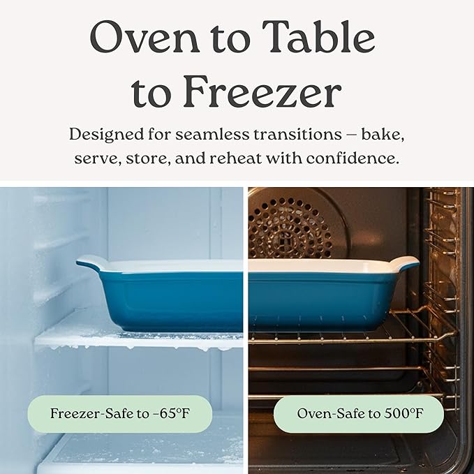 Stoneware Casserole Dish Bakeware Set of 3 | Rectangular Dinnerware Set with Handles [Ocean Blue]