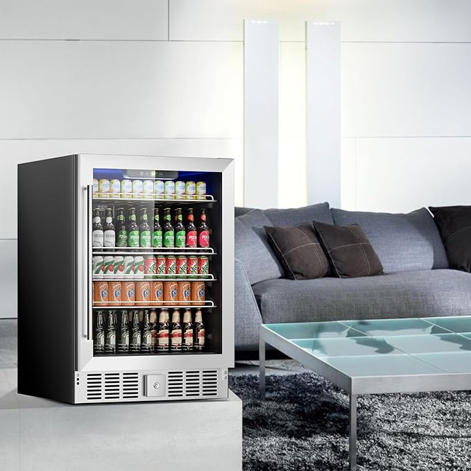 24 Inch Wine and Beverage Refrigerator, 182 Cans Built-in Cooler with Glass Door, Digital Temperature Control, LED Lighting, Adjustable Shelves, Freestanding Beer Fridge for Home, Bar, Office