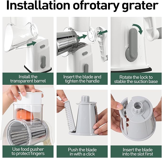 APSARAS USA Rotary Cheese Grater, 5 in 1 Rotary Grater, Cheese Grater Hand Crank, Replaceable Stainless Blades Cheese Shredder, Cheese Slicer, Easy to Clean Kitchen Gadgets with Storage Box