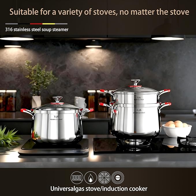 5 Qt Stainless Steel Stock Stew Pot with Steamer Insert and Glass Lid, 316 Thickened Clad for Fast Even Heating, Compatible with Gas Induction Ceramic Electric Halogen Stoves (2 Tier, 22cm)