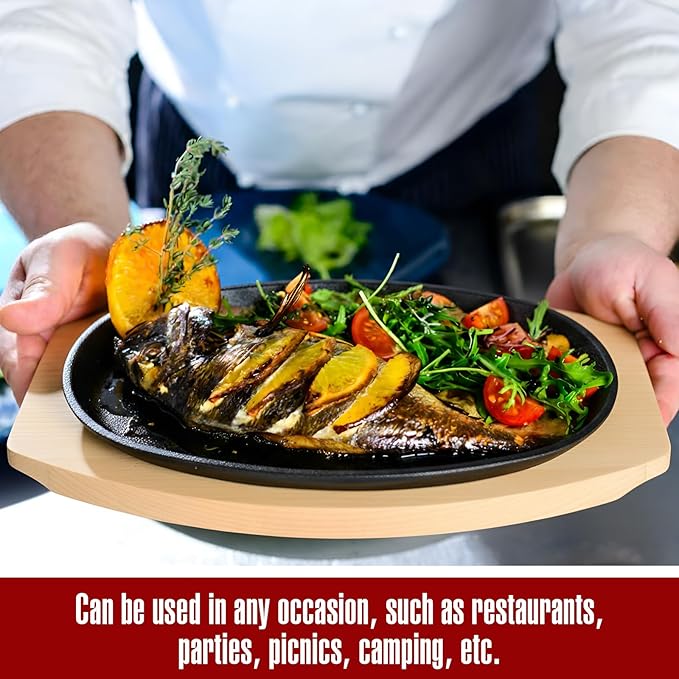 Mifoci 2 Pieces Oval Cast Iron Fajita Skillet Pan Set Small Sizzling Steak Plate with Wooden Base and Handle Cast Iron Fajita Skillet Sizzling Plate for Home(9.5 in X 5.5 in,Natural Wood,2 Pcs)