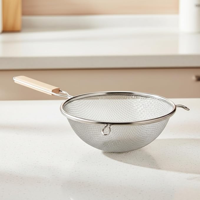 Strainer 8-Inch Diameter Medium Stainless Steel Fine Mesh Single Mesh Tan Handle Silver Sieve Kitchen Cooking Food Filter Handheld Multipurpose Strainer