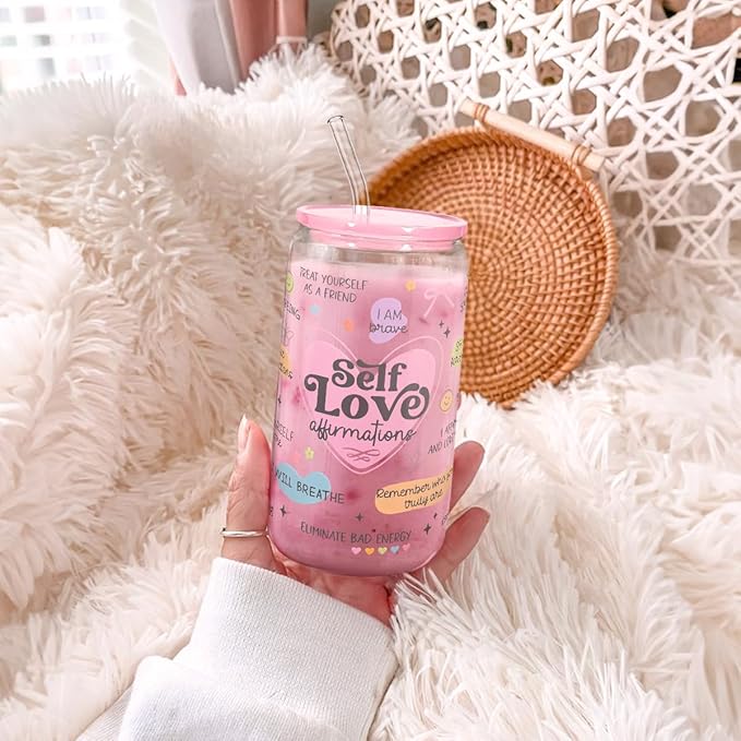 SANDJEST Inspiration Glass Can, Self Love Iced Coffee Aesthetic Cup, Gifts for Christmas Birthday, Gift for Women Girls, 16oz