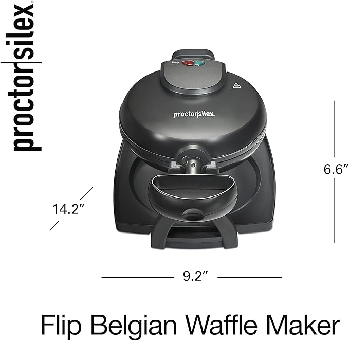 Proctor Silex Belgian Waffle Maker with Nonstick Plates, Single Flip, Cool-Touch Handle and Removable Drip Tray for Easy Cleanup Black (26090PS)