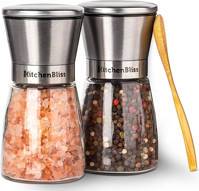 Professional Salt and Pepper Grinder Set – Premium Stainless Steel Salt and Pepper Shakers with Ceramic Spice Grinder Mill for Adjustable Coarseness - Added Bonus a Bamboo spoon and a Cleaning Brush.