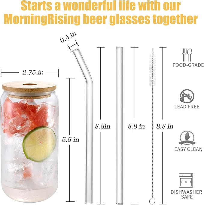 Glass Cups with Lids and Straws Set of 12, 16 oz Glasses Drinking Set, Glass Cups, Iced Coffee Glasses for Beer, Cocktail, Whiskey, Smoothies