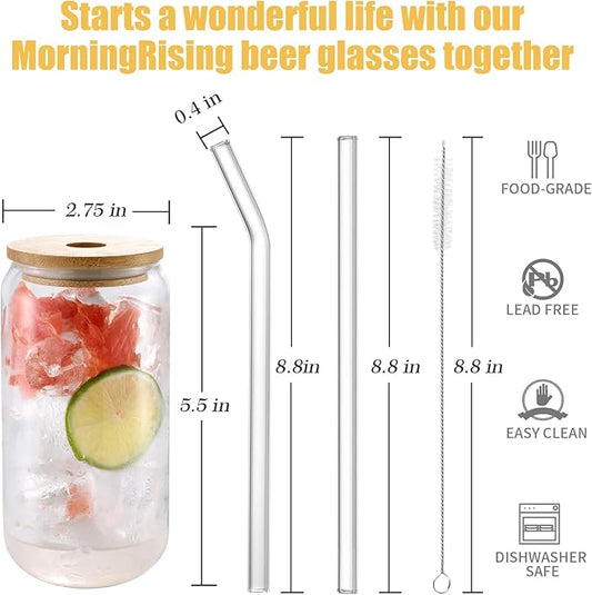 Glass Cups with Lids and Straws Set of 12, 16 oz Glasses Drinking Set, Glass Cups, Iced Coffee Glasses for Beer, Cocktail, Whiskey, Smoothies