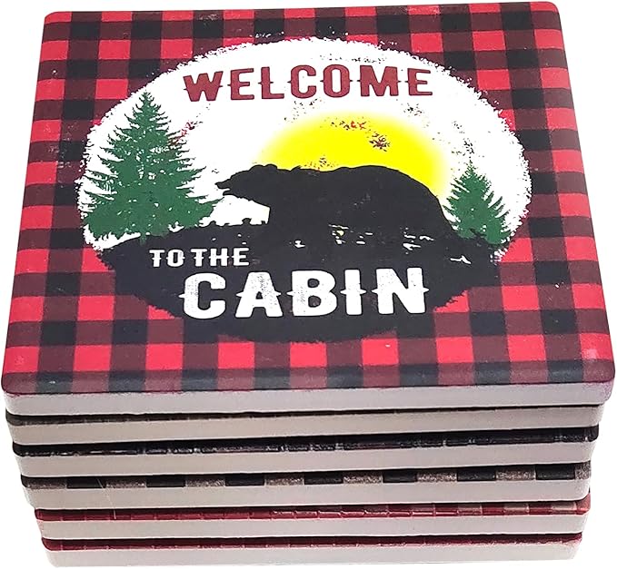 Pine Ridge Black Bear Buffalo Plaid Coasters for Drinks - Welcome to The Cabin and Don't Wake The Bear Design with Cork Pads Coaster Set of 6