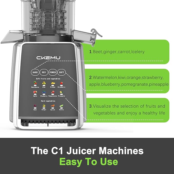 CKEMU Cold Press Juicer – 5.8" Extra-Wide Feed Chute | Max Nutrient Retention | Slow Masticating Juicer for Whole Fruits & Vegetables