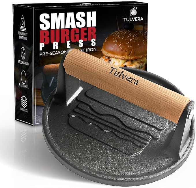 Smash Burger Press | Cast Iron Hamburger Smasher Tool | Flat-Edge Meat Press for Hamburgers, Bacon, Outdoor Kitchen | Griddle & Grilling Accessories | Pre-Seasoned | 6.1”